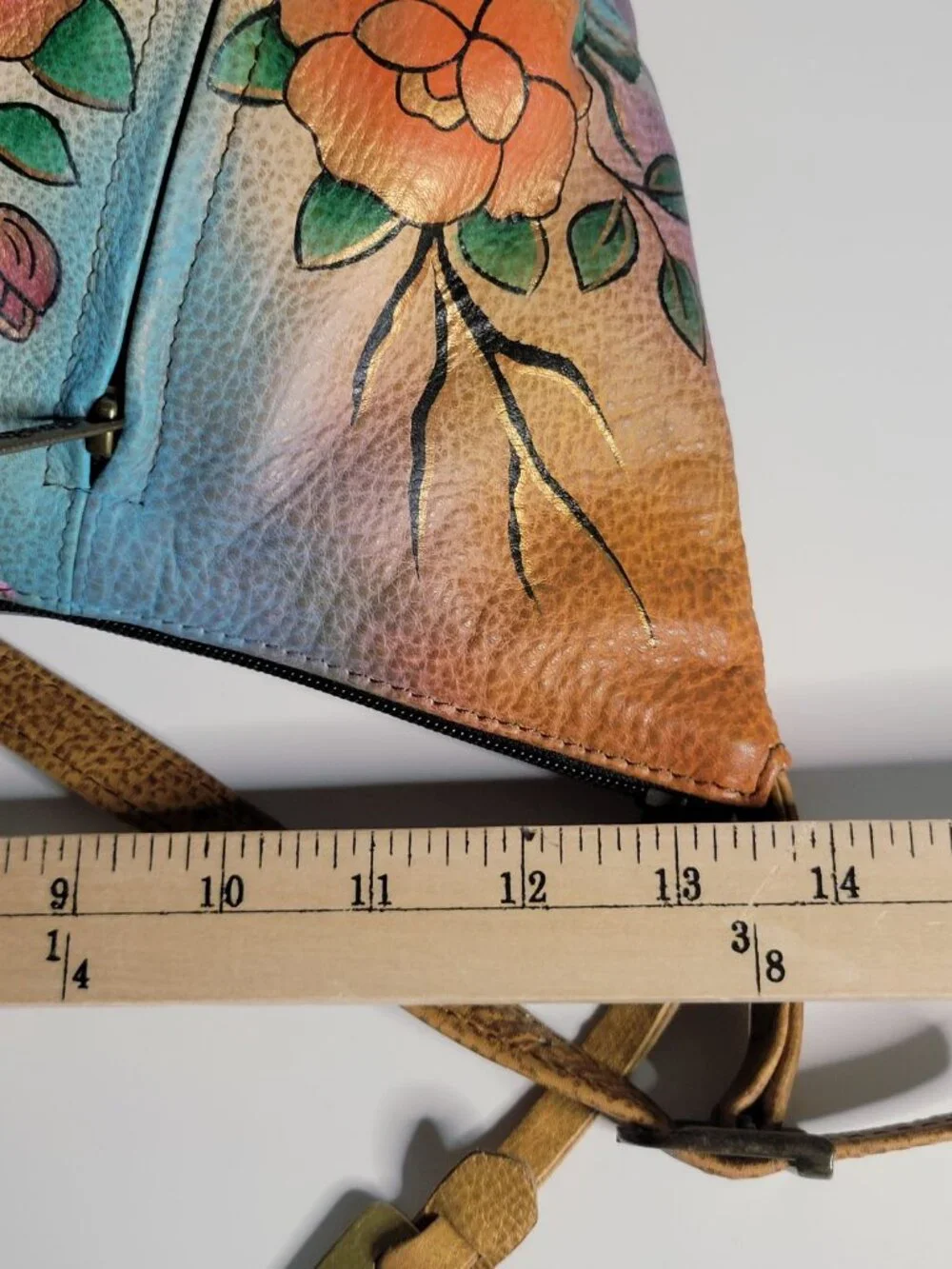 ANUSCHKA Painted Genuine Leather Hobo Shoulder Bag Tan Flowers Butterflies Purse